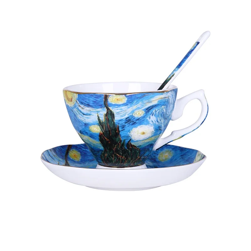 Van Gogh Painting Bone China Ceramic Coffee Cups with Spoon and Tray Coffeeware Sets Home tea cups and saucer sets