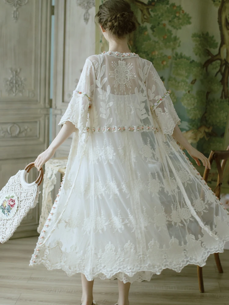 Summer Women Spring Elegant Sweet White Long Shirt Ladies Embroidery All-Match Mori Girl Lace Smock-Frock Blouse Clothes