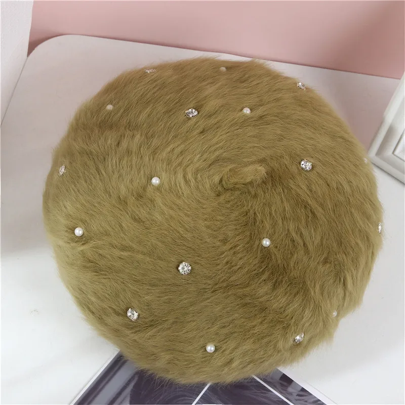 Winter Beret Women Thick Warm Soft Hat Female Solid Rabbit Fur Cap Brimless Skullies Pearl French Artist Beanies Outdoor Bonnet