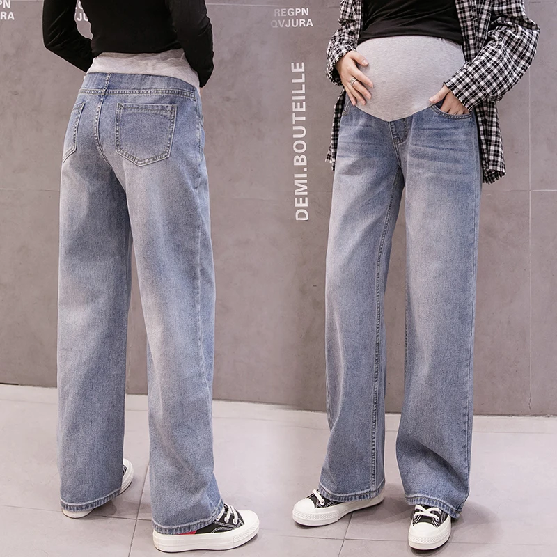 

8836# Vintage Washed Denim Maternity Full Long Jeans Wide Leg Loose Cotton Elastic Belly Pants For Pregnant Women Pregnancy