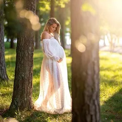 White Dot Tulle Maternity Photography Props Dress See Through Maternity Photo Shoot Tulle Long Dress Lantern Sleeve