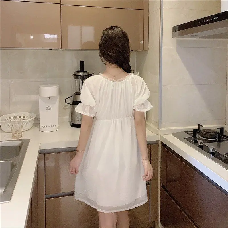 Nightgowns Women High Waist Lace Ruffles Double Layer Pleated Kawaii Females White Home Wear Sleepshirts Korean Style Elegant