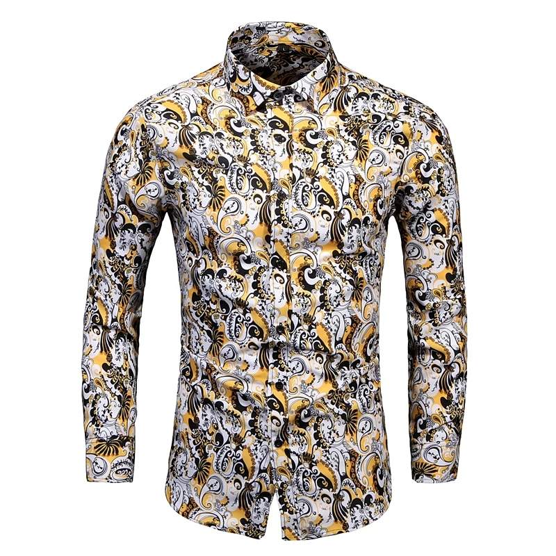 Vintage Yellow Floral Print Mens Shirts Luxury Paisley Slim Fit Long Sleeve Chemise Homme Streetwear For Men Dress Shirt 6XL 7XL