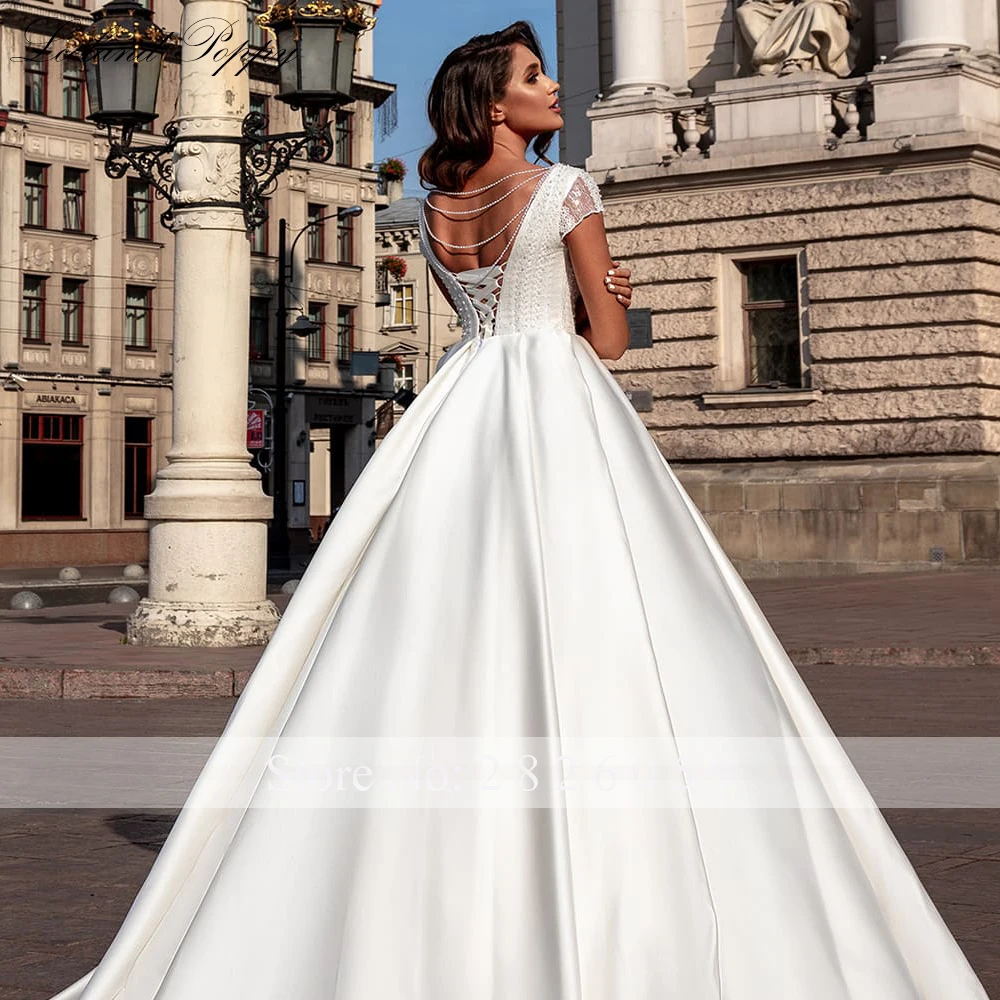 Lceland Poppy Customized A-line Scoop Neck Satin Wedding Dresses Short Sleeves Beaded Lace Bridal Gowns