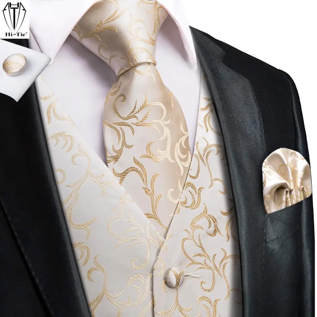 Hi-Tie 100 % Seide Elfenbein Beige Champagner Gold Herrenwesten Krawatte Einstecktuch Manschettenknöpfe Set Jacquard Rebe Weste für Herren Anzug