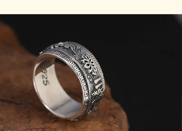 Bague en argent sterling 925 pour hommes, bijou vintage en argent thaïlandais, bague tournante, mantra à six caractères