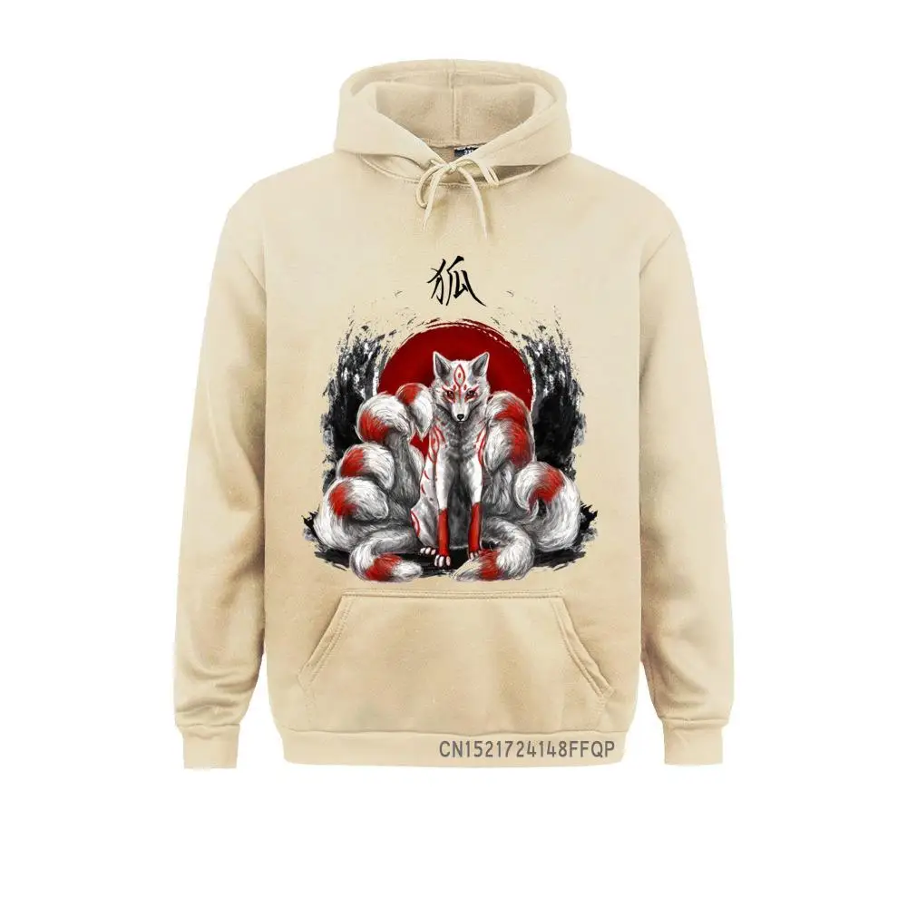 Cozy Vintage Fox Design Men Sweatshirt Japanese Nine Tailed Fox Kitsune Printed Graphic Hoodie Hipster Pocket Funny