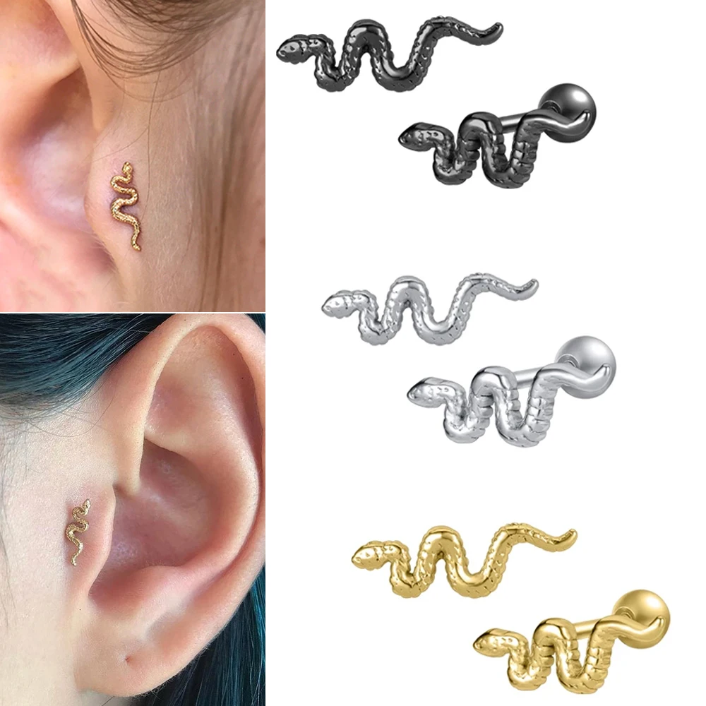 6PCS 361L Surgical Steel Snake Ear Tragus Helix Cartilage Earrings Snake Shape Daith Earring Helix Stud Body Piercing Jewelry