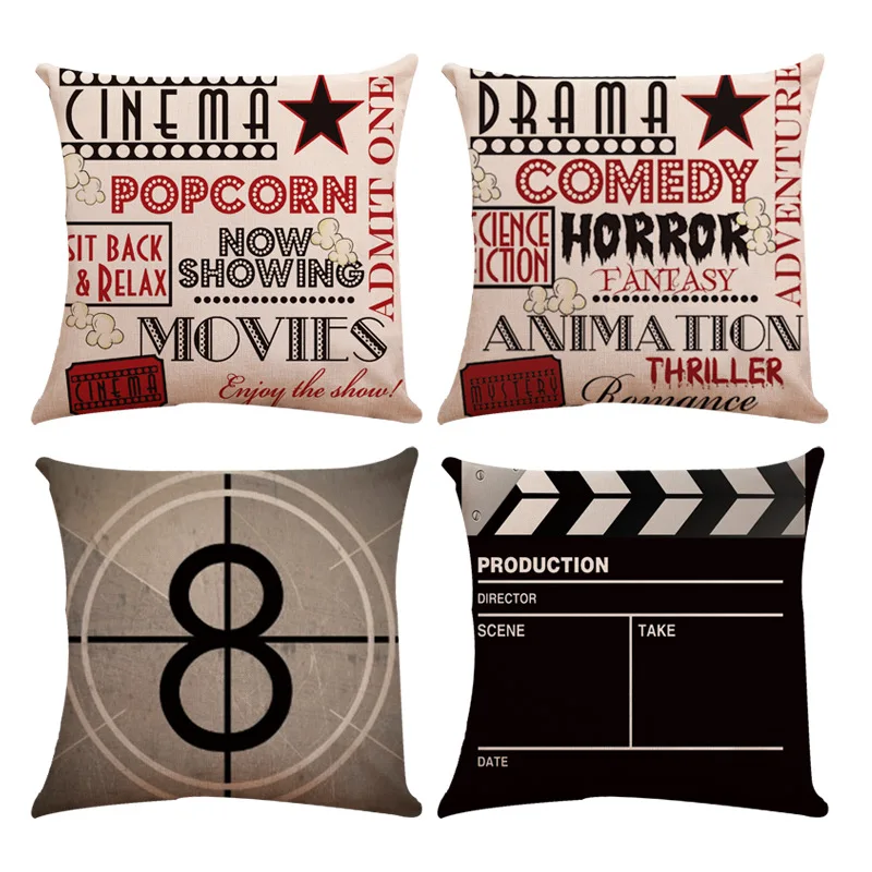 Hot Sale Vintage Movie Production Film Letters Cushion Cover Retro Cinema Linen Decorative Pillows Sofa Chair Throw Pillows Case