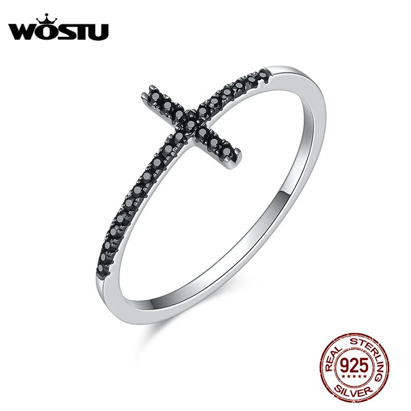 WOSTU  100% Pure 925 Sterling Silver Belief Cross Finger Rings With Black Zirconia Stone For Women Party Gift Jewelry CQR067