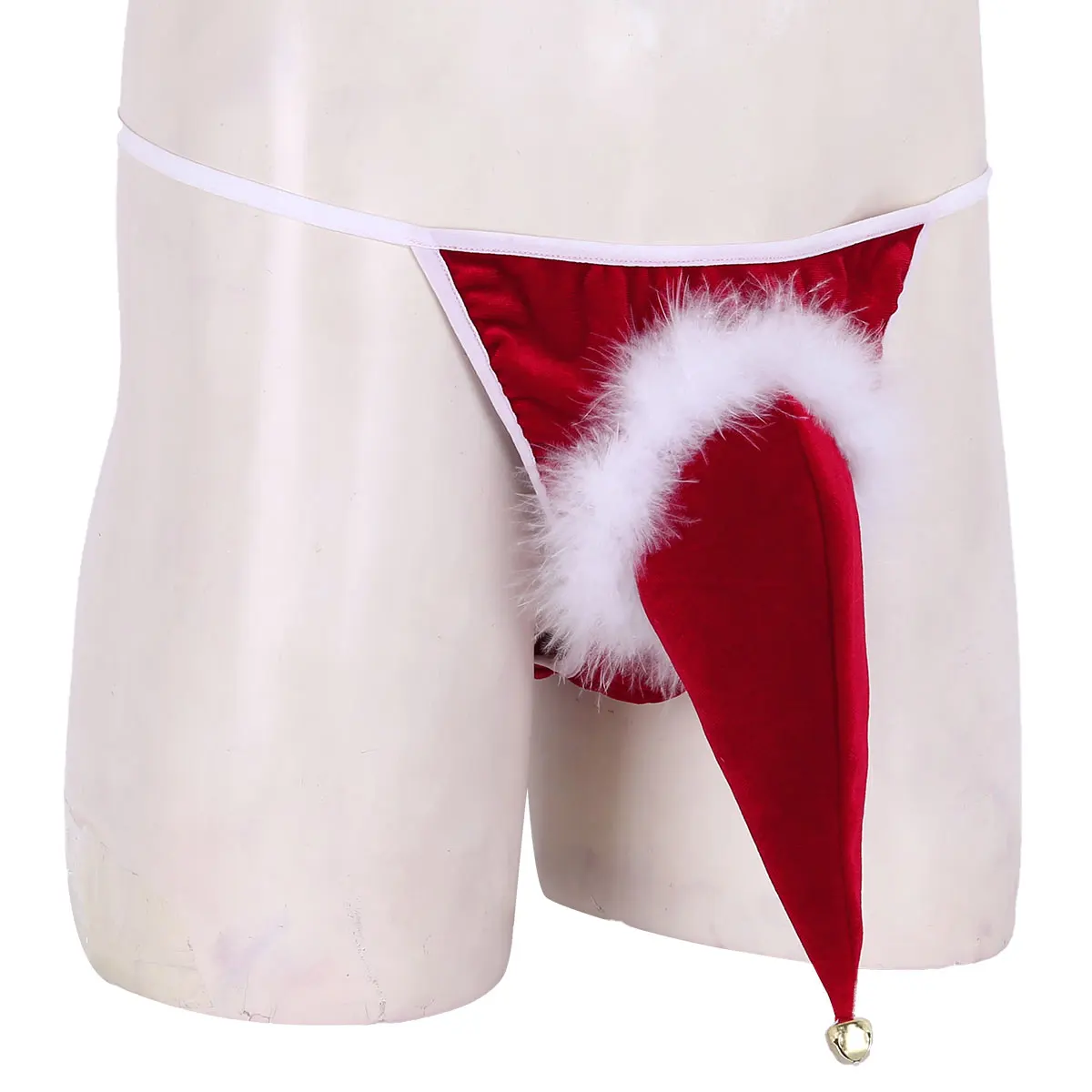 Mens Lingerie Red Velvet Santa Hat Christmas Underwear Holiday Fancy Dress Xmas Cosplay Costume G-string Thong with Small Bell