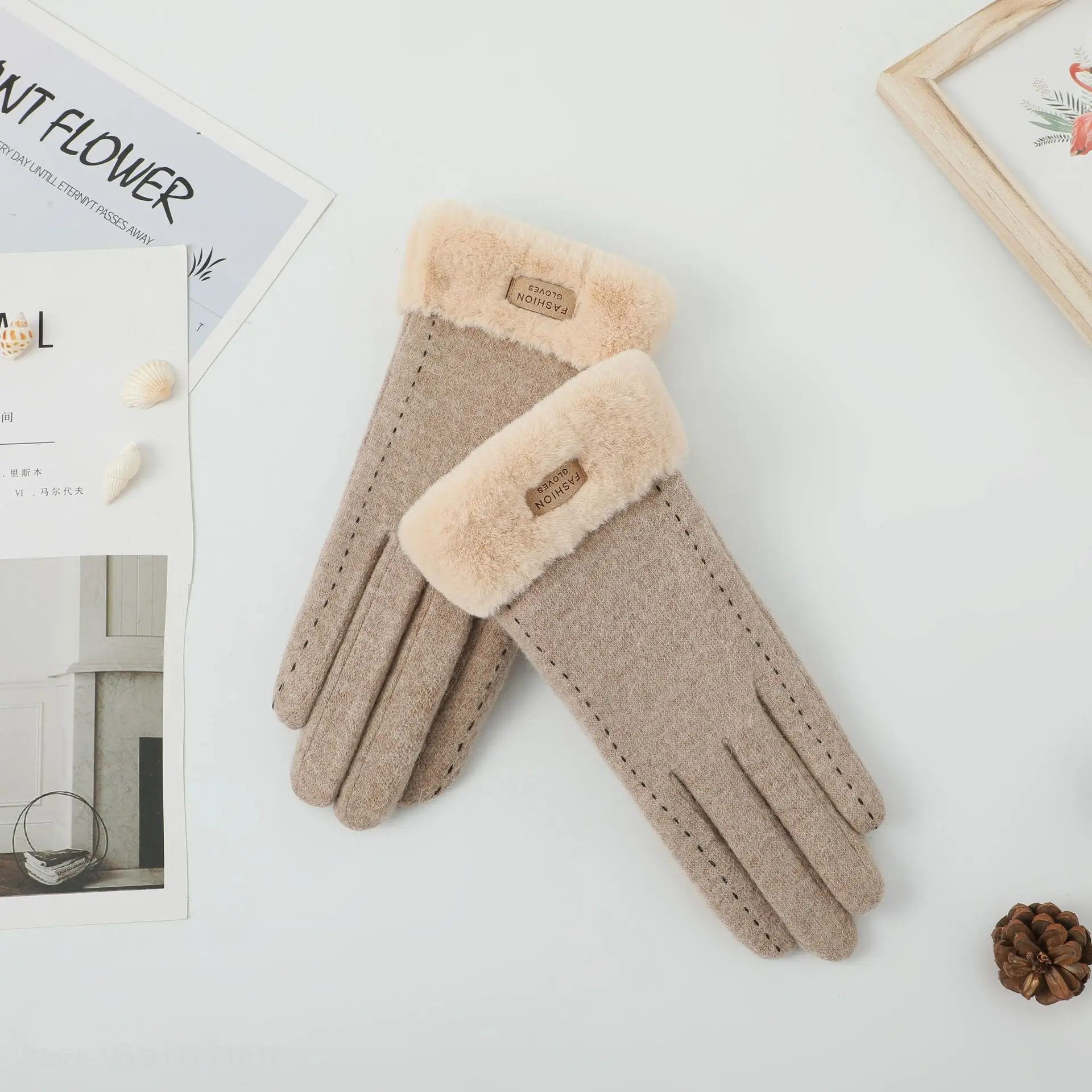 Youpin Cashmere Gloves Women Autumn Winter Cute Furry Warm Mitts Full Finger Mittens Outdoor Sport Female Gloves Touch Screen