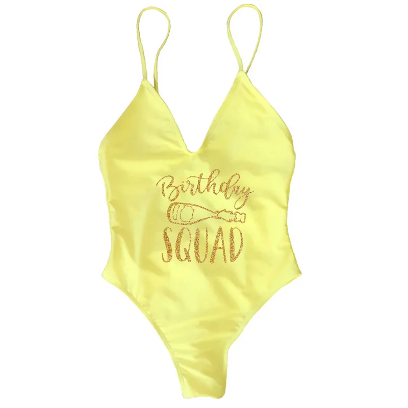 BIRTHDAY QUEEN &SQUAD  Glitter Gold Letter Print Sexy One Piece Swimsuit Swimwear Women Cross Bandages Beachwear image 5