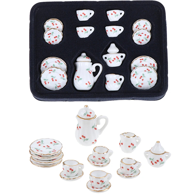 1:12 Miniature 15pcs Porcelain Tea Cup Set Chintz Flower Tableware Kitchen Dollhouse Furniture Toys For Children Miniature Items