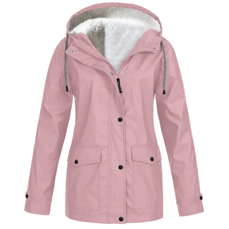 

Winter Women's Coat Women Solid Pocket Plush Rain Outdoor Hooded Raincoat Windproof Jacket Coat Woman Jacket Female