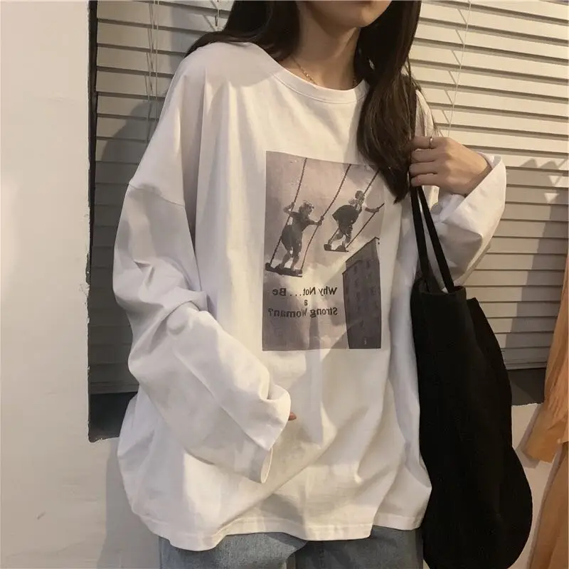 Women Autumn Casual Long Sleeve Tshirts Loose Fashion Printing Round Neck Basic Tees Female Harajuku White Tops