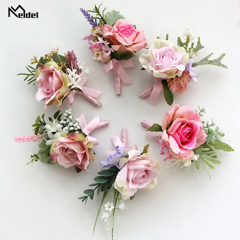 Meldel Kunstmatige Bloem Bruidsjonkers Corsage Pins Bloemen Bruiloft Corsage Voor Prom Roze Rose Bruidegom Boutonniere Mannen Bruiloft Bloemen