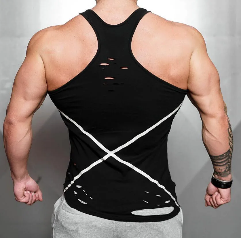 Sports Fitness Men‘s Leisure Outdoor Ripped Cotton Neck Vest Summer New Mens Running Training Gym Clothes Thin T-shirt -40