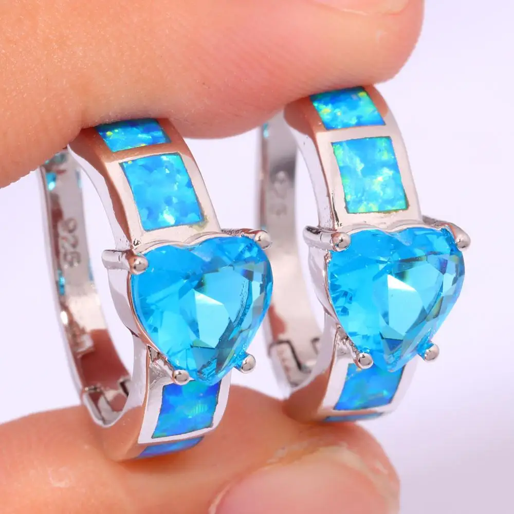 CiNily Created Blue Fire Opal Blue Zircon Silver Plated Earrings Wholesale Heart for Women Jewelry Hoop Earrings 1 1/8\