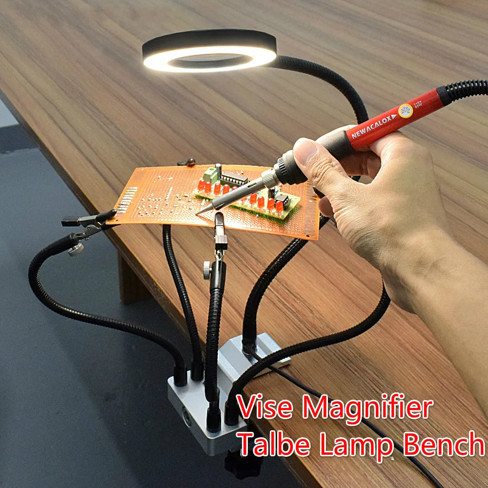 LED 3X Magnifier Bench Vise Table Clamp Soldering Helping Hand Soldering Station USB 5pc Flexible Arms Third Hand Tool