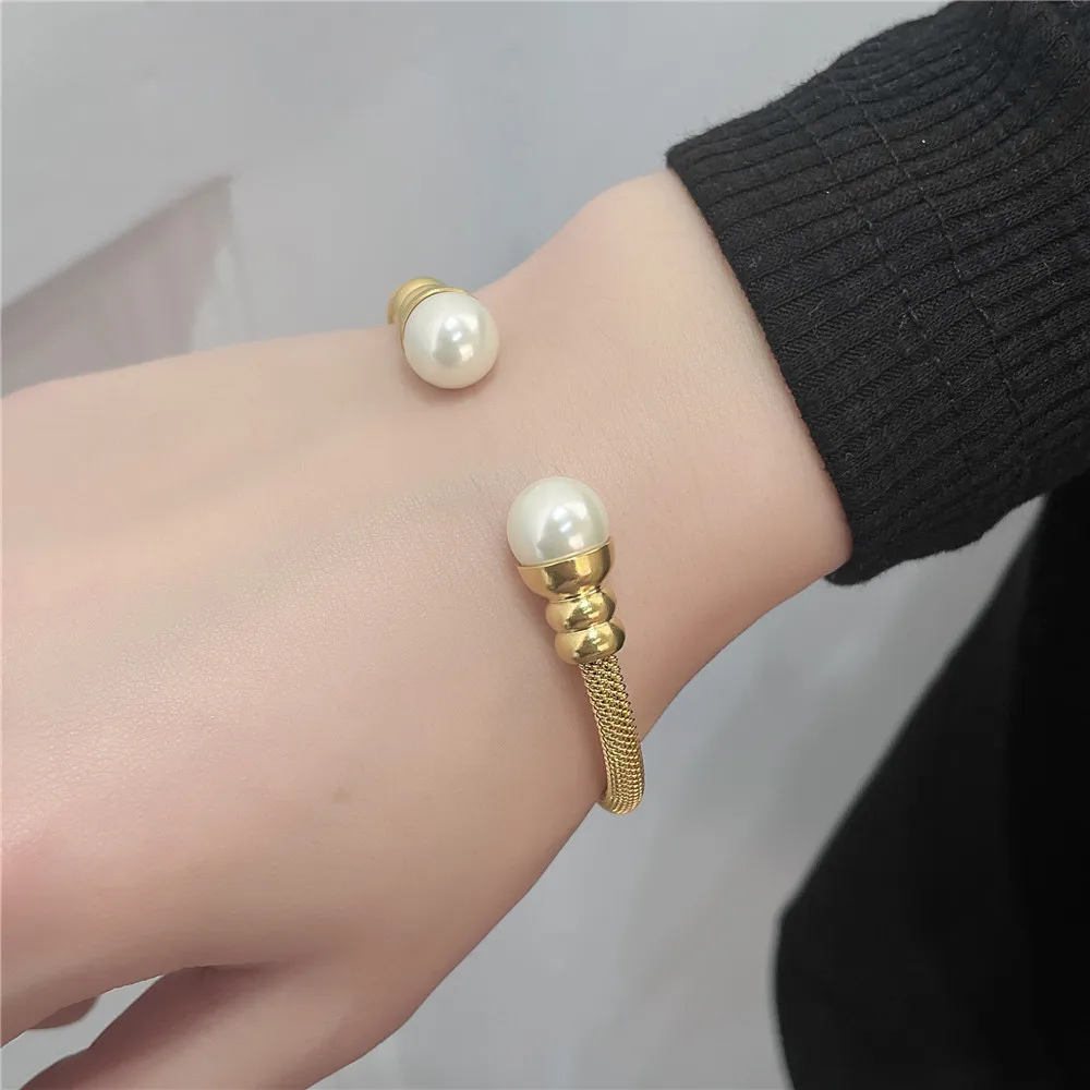 Fashion Pearl Beaded Bangle Jewelry New Trendy Women Cable Bangles Gold Color 316l Stainless Steel Bracelets Bangles For Women