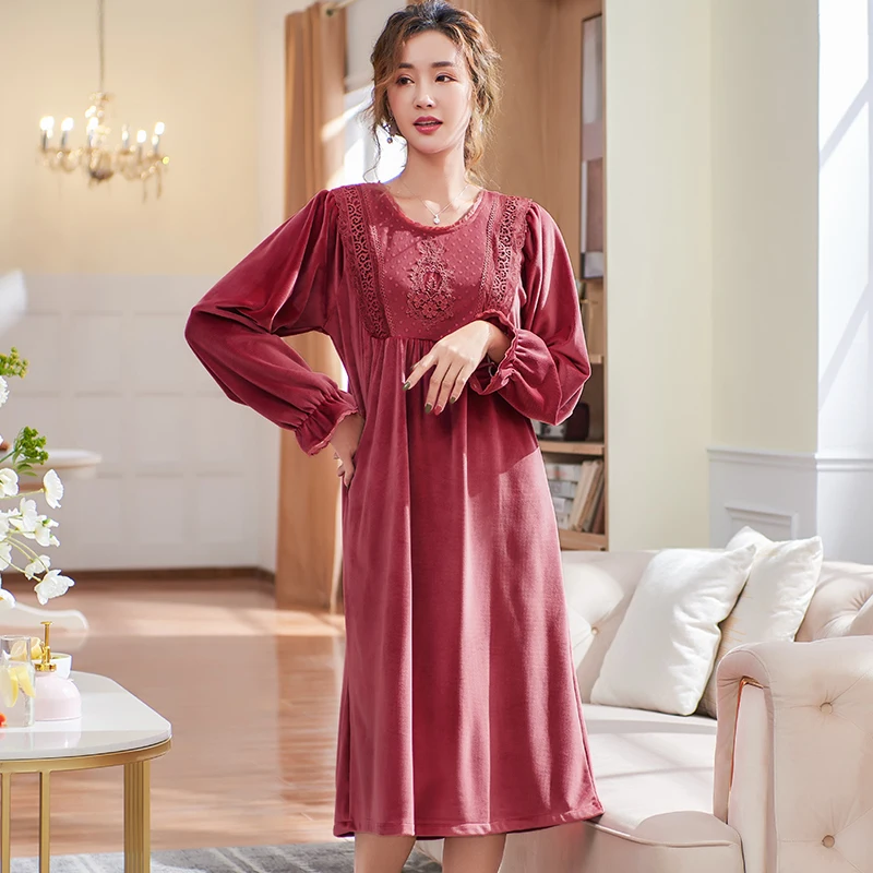 

Autumn Winter Women Island Velvet Long Nightgowns Sleepshirts Elegant Home Dress Sleepwear Comfortable Nightdress Indoor Clothes