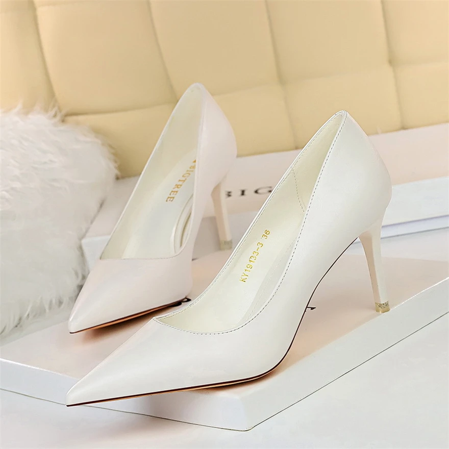 Soft Leather Concise High Heels 7.5/10.5cm Shoes Fashion Women Pumps Pointed Toe Slip On Candy Colors Office Woman Wedding Shoes
