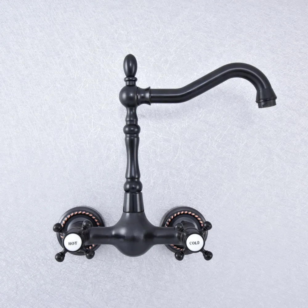 

Black Oil Rubbed Bronze Brass Wall Mounted Dual Cross Handles Kitchen Bathroom Vessel Sink Faucet Mixer Taps asf723