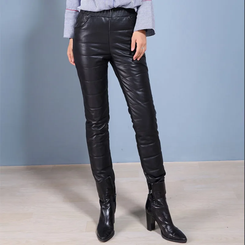 Women's Leather Pants, High Waist Sheepskin Leather Pants, Winter Warm Pants, Thickened Black Pencil Pants