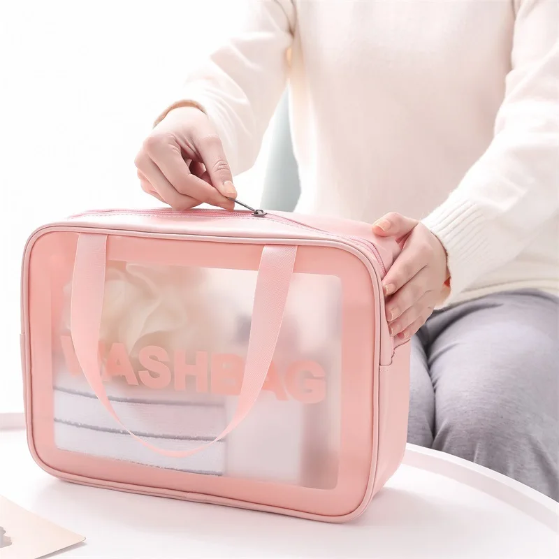 FUDEAM Transparent PVC Women Cosmetic Bag Waterproof Travel Toiletries Storage Organize PU Make Up Bag Female Wash Bag Handbag