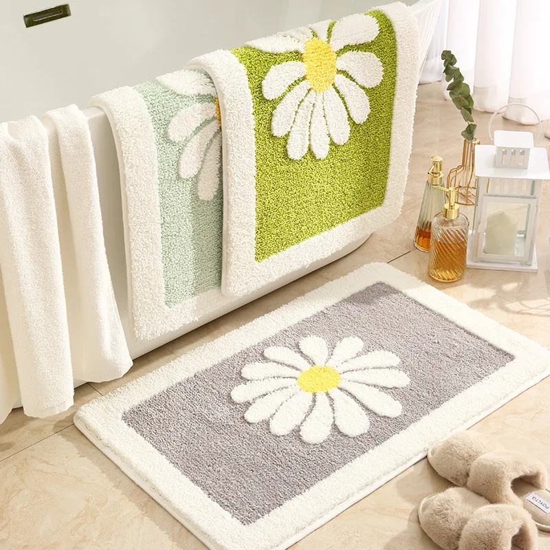 

Small Daisy Plant Pattern Bathroom Absorbent Floor Mats Fresh Toilet Door Mats Toilet Anti-Slip Mats Durable Household Carpets