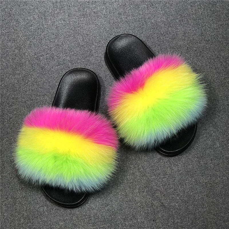 Fur Slides For Women Real Fox Fur Slippers Cute Fluffy Raccoon Fur Sandals Indoor Flat Big Fur Slides Ladies Luxury Flip Flops