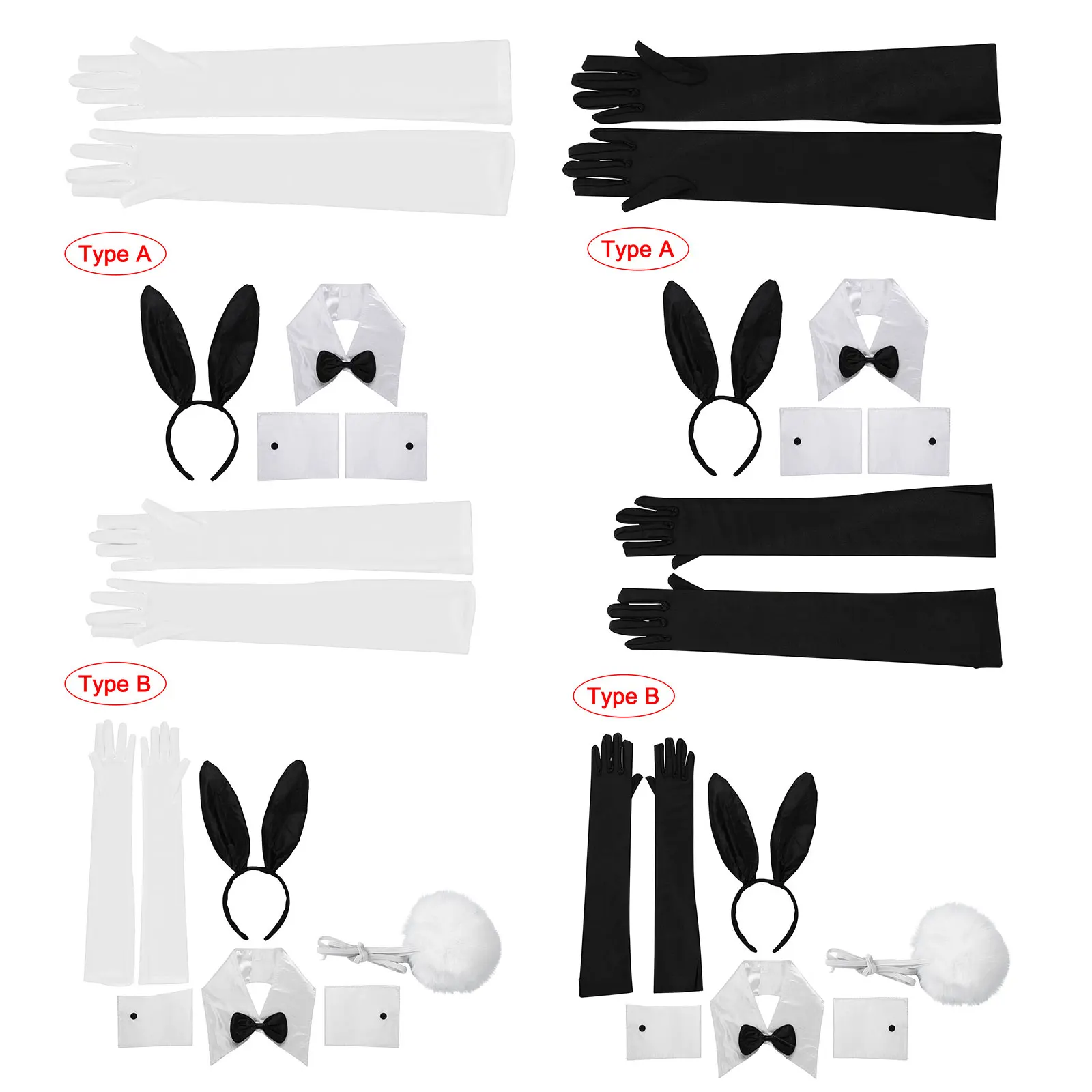 Women Bunny Accessory Set Rabbit Ear Collar Bow Tie Cuffs Tail Long Gloves for Halloween Christmas Cosplay Party Costume Props