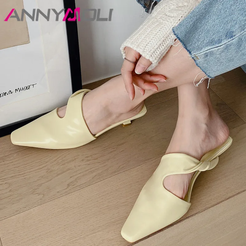 

ANNYMOLI Square Toe Mules Shoes Woman Genuine Leather Med Heels Fashion Stiletto Heel Pumps Female Dress Footwear White Size 40