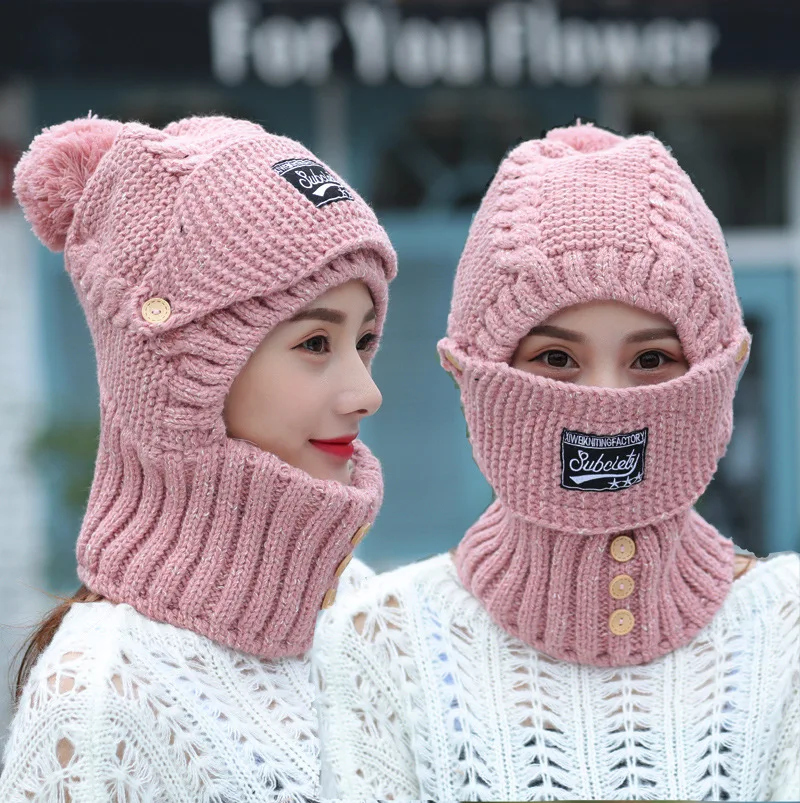 2021 Winter knitted Beanies Hats Women Thick Warm Beanie Skullies Hat Female balaclava Bonnet Beanie Caps Outdoor Riding Sets