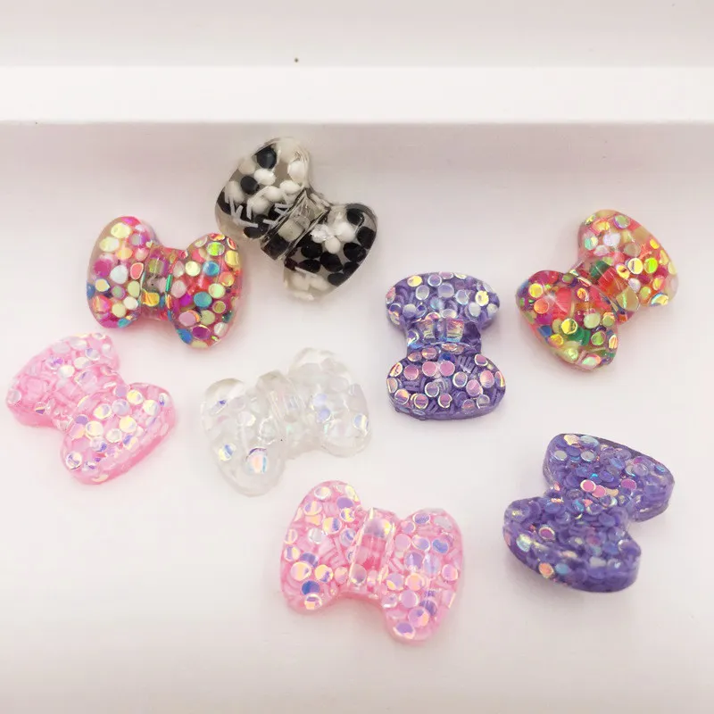 50Pcs Mix Resin Colorful Glitter Paillette Filled Mini Bow Flatback Cabochon Rhinestone Scrapbook DIY Wedding Applique Ornament