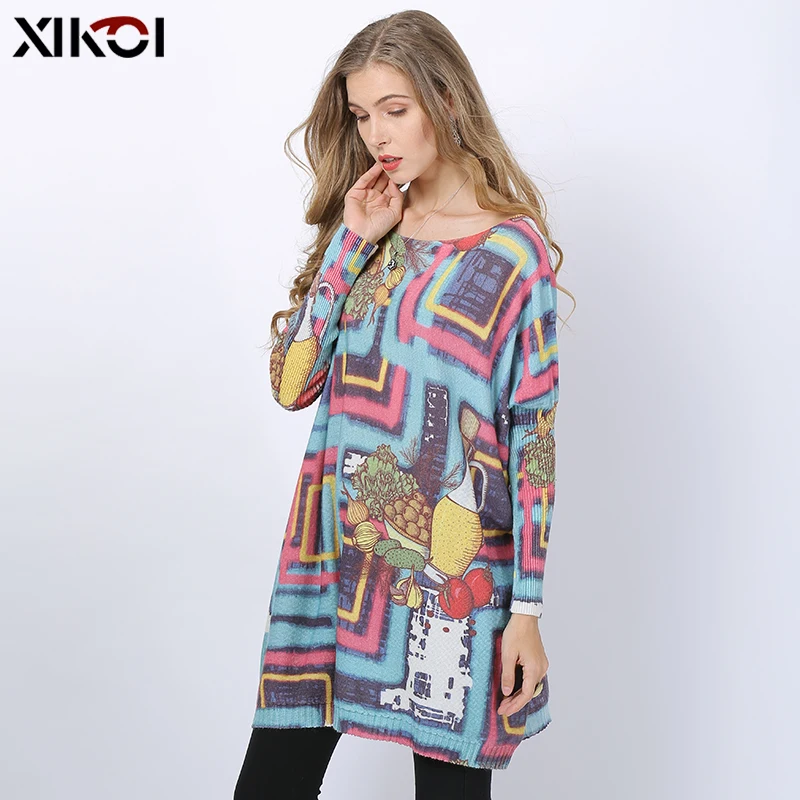 New Novel Fruit Maze Knitted Sweater Women Winter Jumper Patchwork Print Oversized Dress O-neck Wool Pull Femme Loose Pullovers