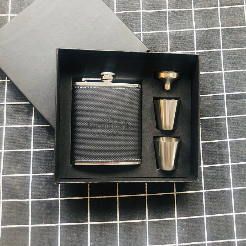 Mini 7oz Pu Leather Wrapped Metal Whisky Flagon Gloss 304Stainless steel Alcohol Funnel Hip Flask Set With Black Gift Box LPPUNK