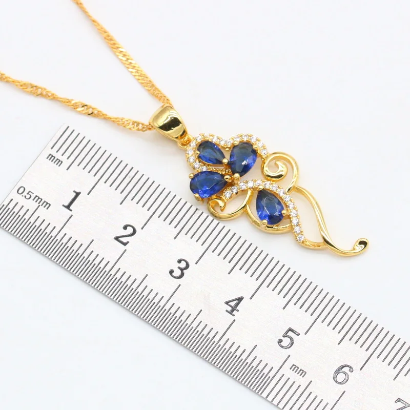 花と青の金メッキジュエリーセット,18k,女性用,イヤリング,ネックレス,ペンダント,リング,ブレスレット,誕生日プレゼント