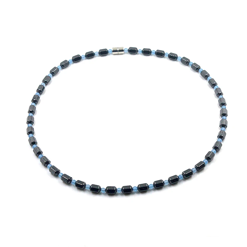 New Simple Classic Magnetic Hematite Beads Necklace with Baby Blue Gold Silver Color Spacer Beads Healing Therapy for Men Women