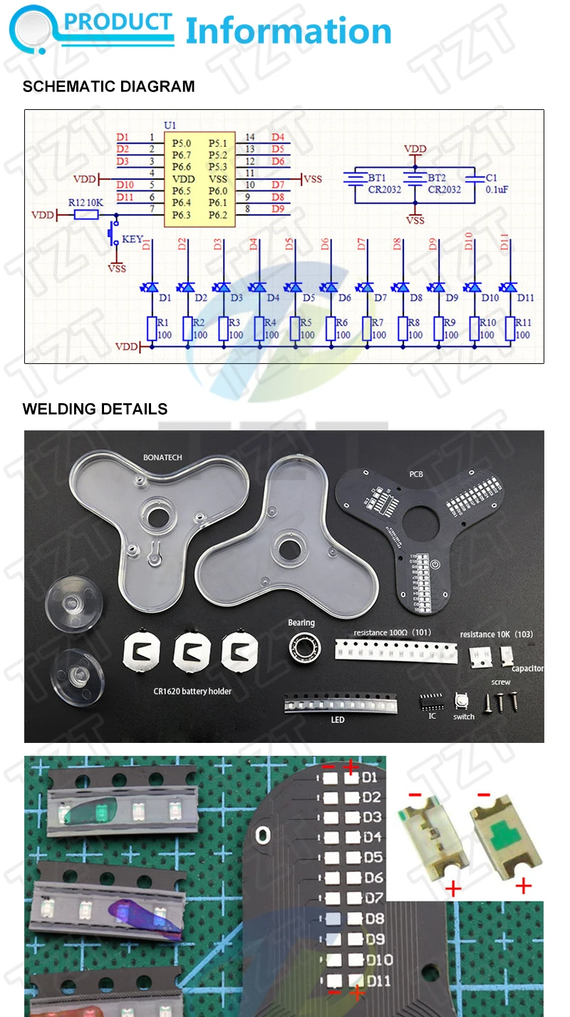TZT Fingertip Gyro LED Bausatz: Lustiges DIY-Schweißset RG550 zur Entspannung von Körper und Geist – Elektronik-Bausatz – Detail 1