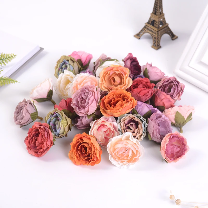 10Pcs 4CM Peony Artificial Flower Head High Quality Silk Rose For Wedding Party Home Decoration DIY Wreath Gift Clip Fake Flower