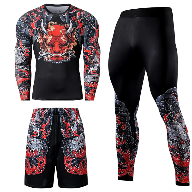 2/3 Pcs Men's Compression Set Tight Sportswear Set Quick Drying Breathable High Elastic Running Gym Training Protecting Muscle