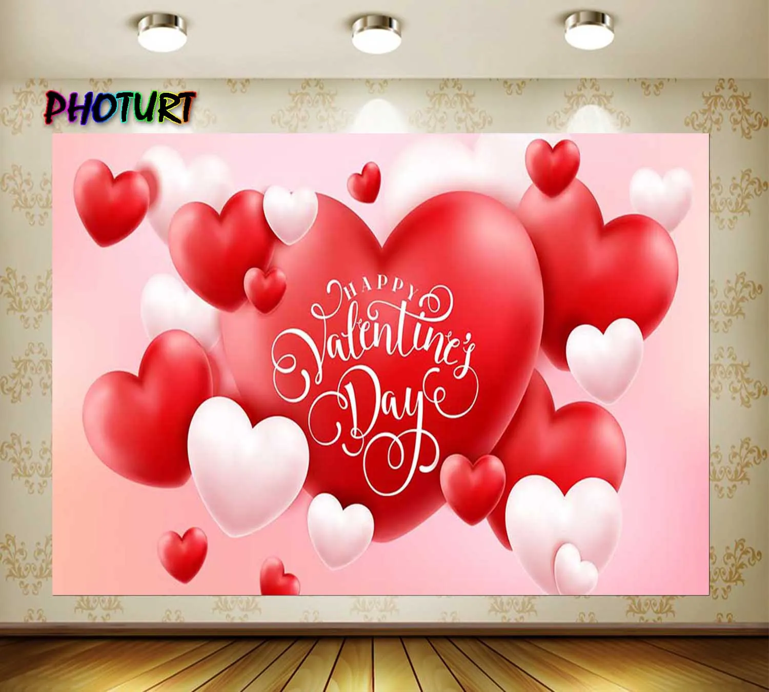 PHOTURT Valentine's Day Backdrop Wedding Bridal Shower Decoration Background Red Heart Polyest Vinyl Banner Party Decorate Props