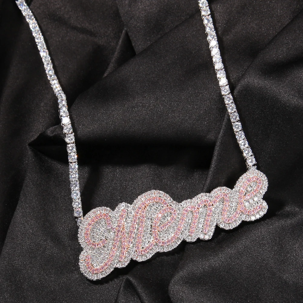 Imagem -05 - Tbtk Personalizado Nome Colar Grande Tamanho Bolha Edwardian Script Carta Iced para Fora Branco Rosa cz Personalizado Pingente Hiphop Jóias