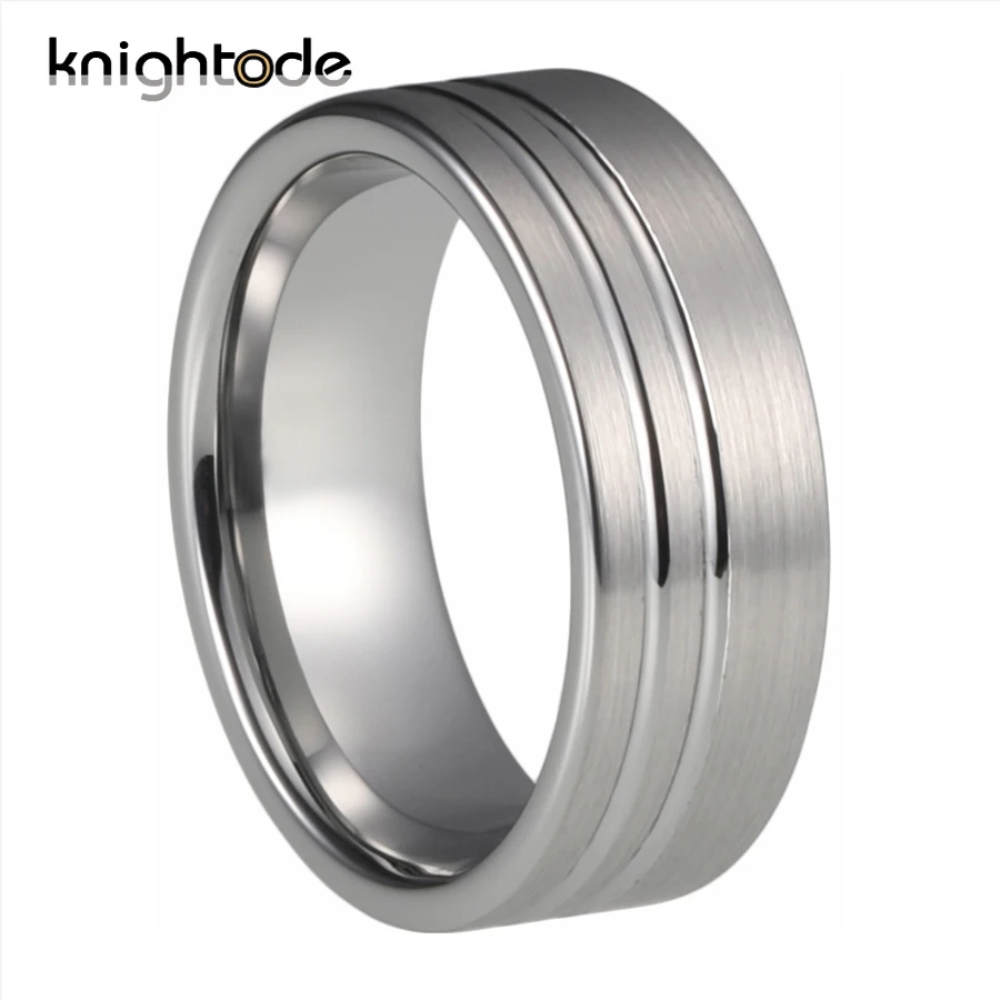 6mm 8mm Tungsten Carbide Wedding Band 2 Groove Engagement Ring for Men Flat Brushed Comfort Fit