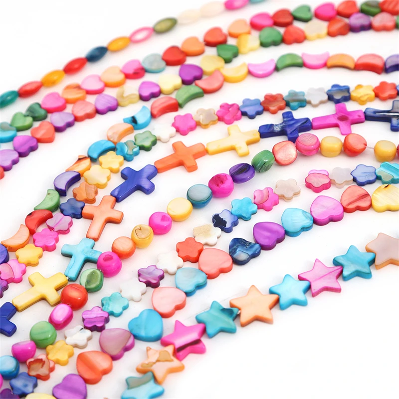 21-65Pcs Mix Color Natural Shell Beads Mother of Pearl Loose Bead Heart Butterfly Cross Flower Shape for DIY Jewelry Making 15''