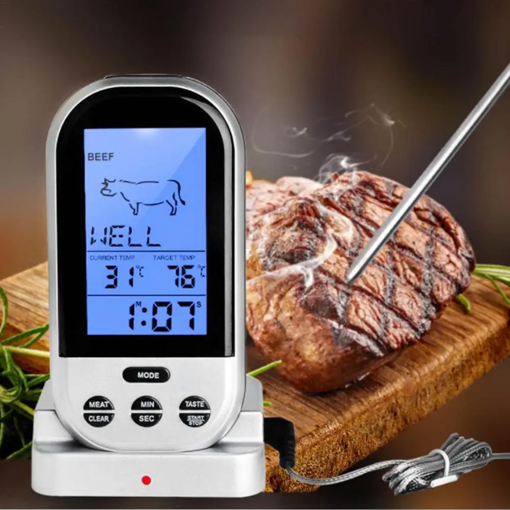 Wireless Meat Thermometer - Digital Kitchen Thermometer With Stainless Probe  With 20-30m Long Range Alarm Notification For Ov