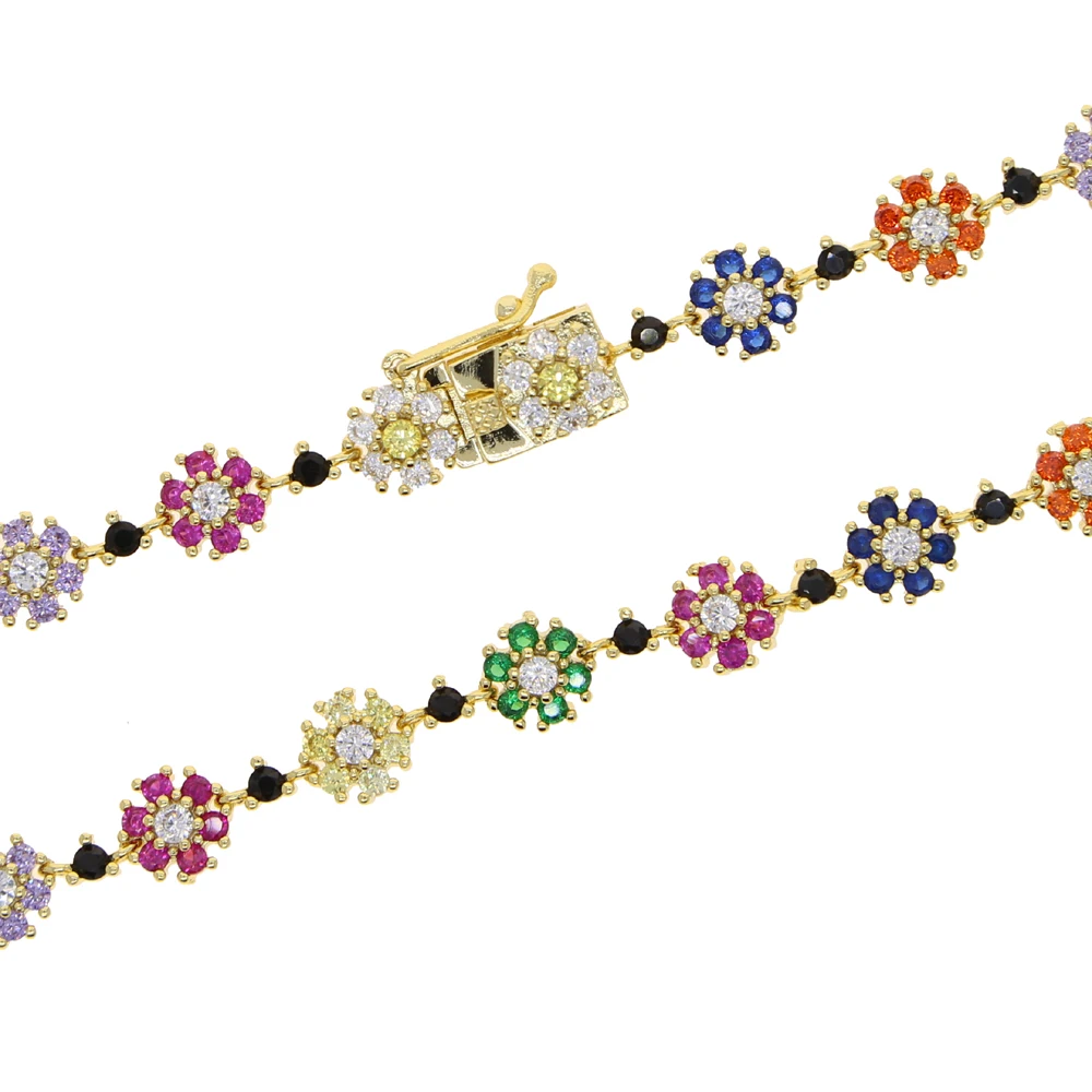 Gold Color Red Green Blue CZ Paved Flower Charm Bracelets Tennis Chain Rainbow Zircon Stone Bangle Fashion Women Jewelry