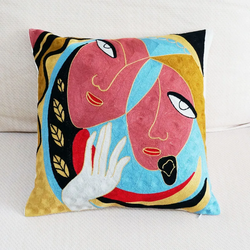 

Canvas Two-Faced Woman Abstract Embroidered Square Pillow Cover Cushion Case Sofa Chair Cushion Cover 45x45cm Without Stuffing